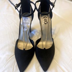 GBG Black block heels with gold embellishments